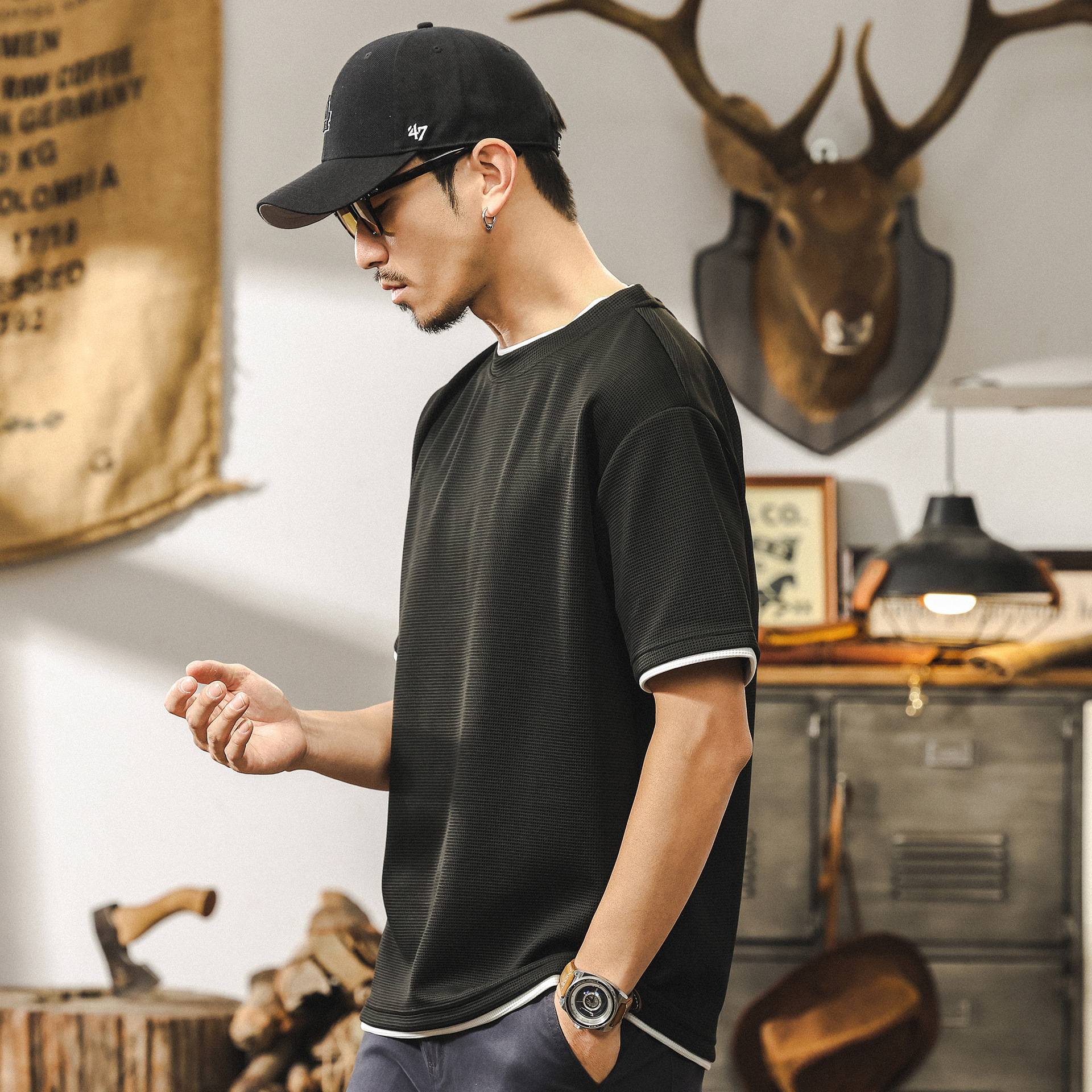 假兩件短袖T恤男夏季新款潮牌華夫格肌理感體恤寬鬆大碼男士上衣T