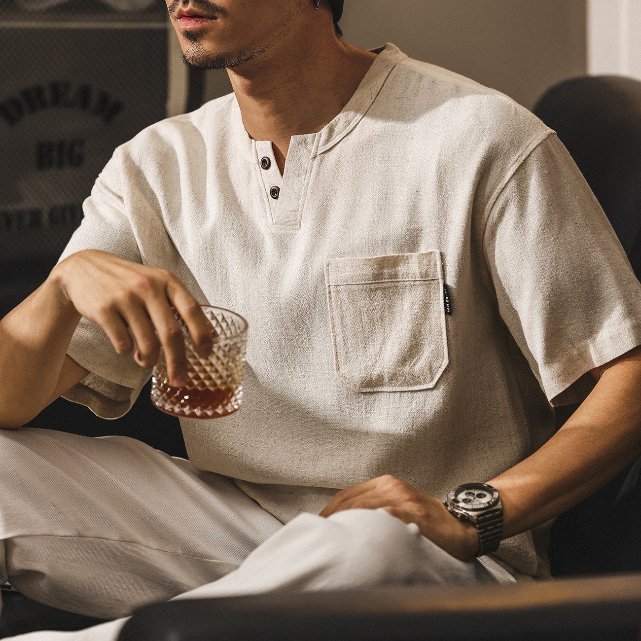 美式復古老錢風亞麻亨利領短袖男款T恤2026新款夏季潮牌Polo衫男