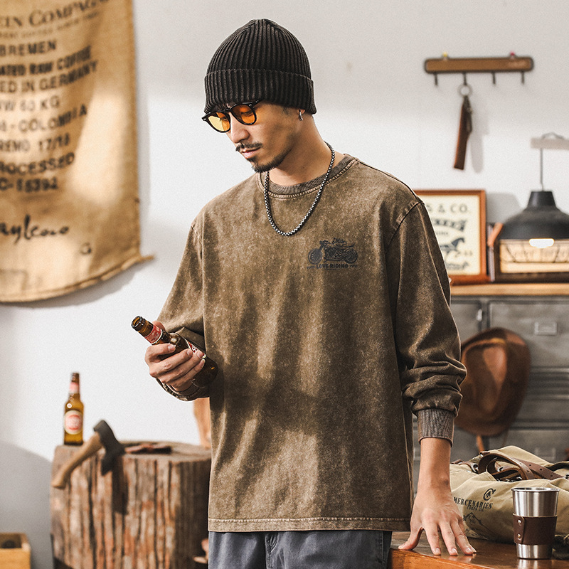 美式復古長袖T恤男秋季重磅設計感印花體恤男士潮牌寬鬆做舊上衣t