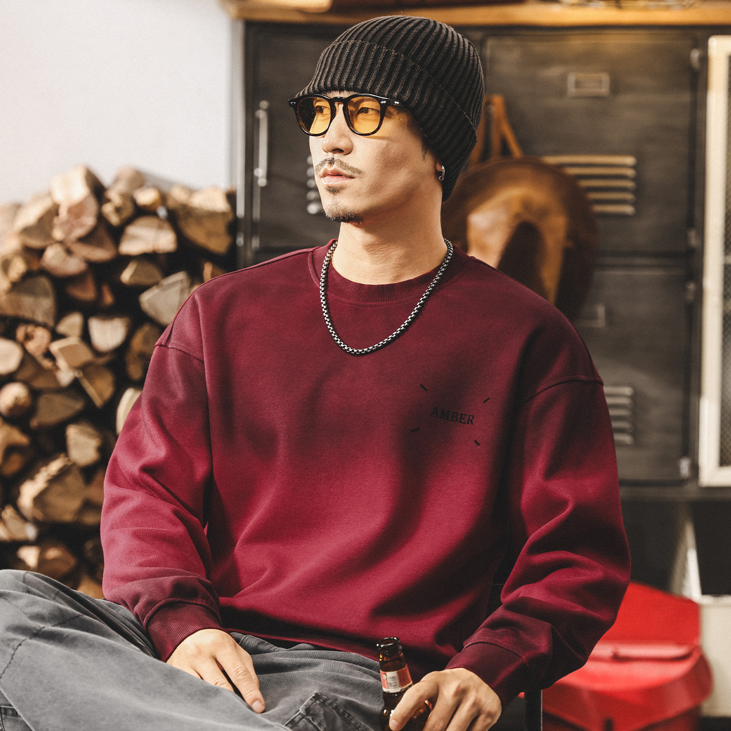 美式復古重磅圓領男士衛衣春秋新款潮牌安可拉紅寬鬆休閒秋季上衣