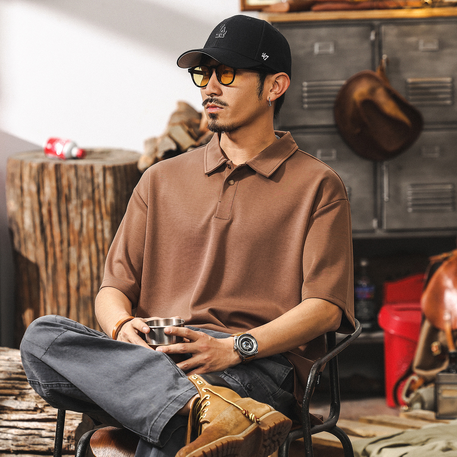 莫代爾空氣層垂感短袖T恤男西甲2025新款涼感美式復古男士polo衫