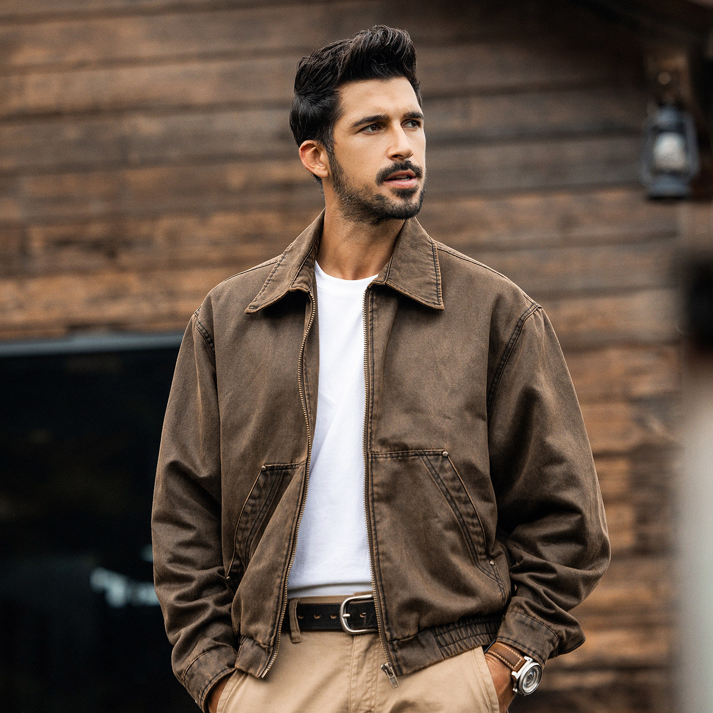 美拉德復古油蠟皮夾克男春季新款潮牌老炮工裝硬漢美式獵裝外套男