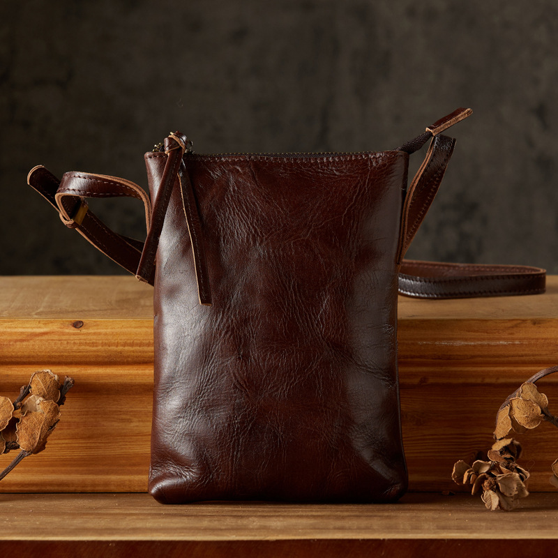 手工植鞣牛皮手機包男豎款單肩包休閒百搭質感頭層牛皮斜挎小包女