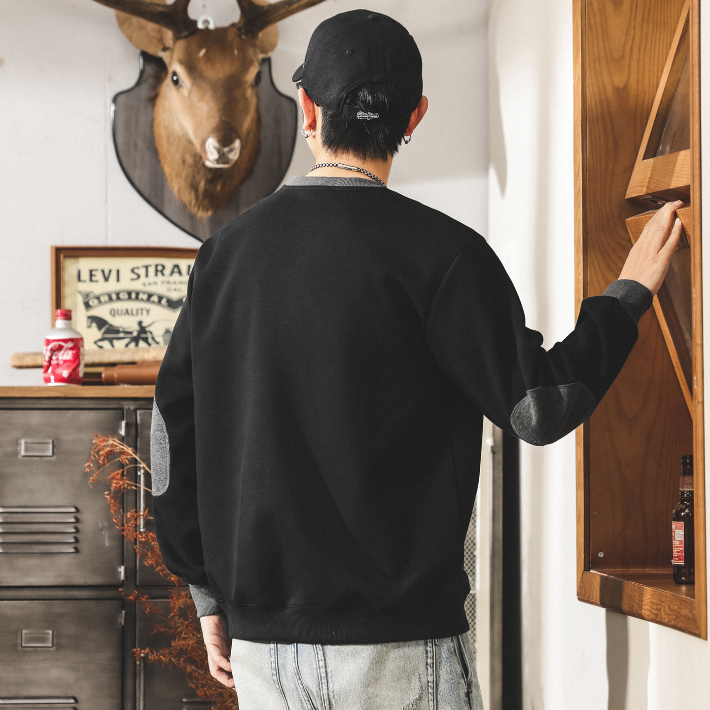 美式復古重磅圓領衛衣男春秋新款撞色假兩件潮牌寬鬆大碼休閒上衣