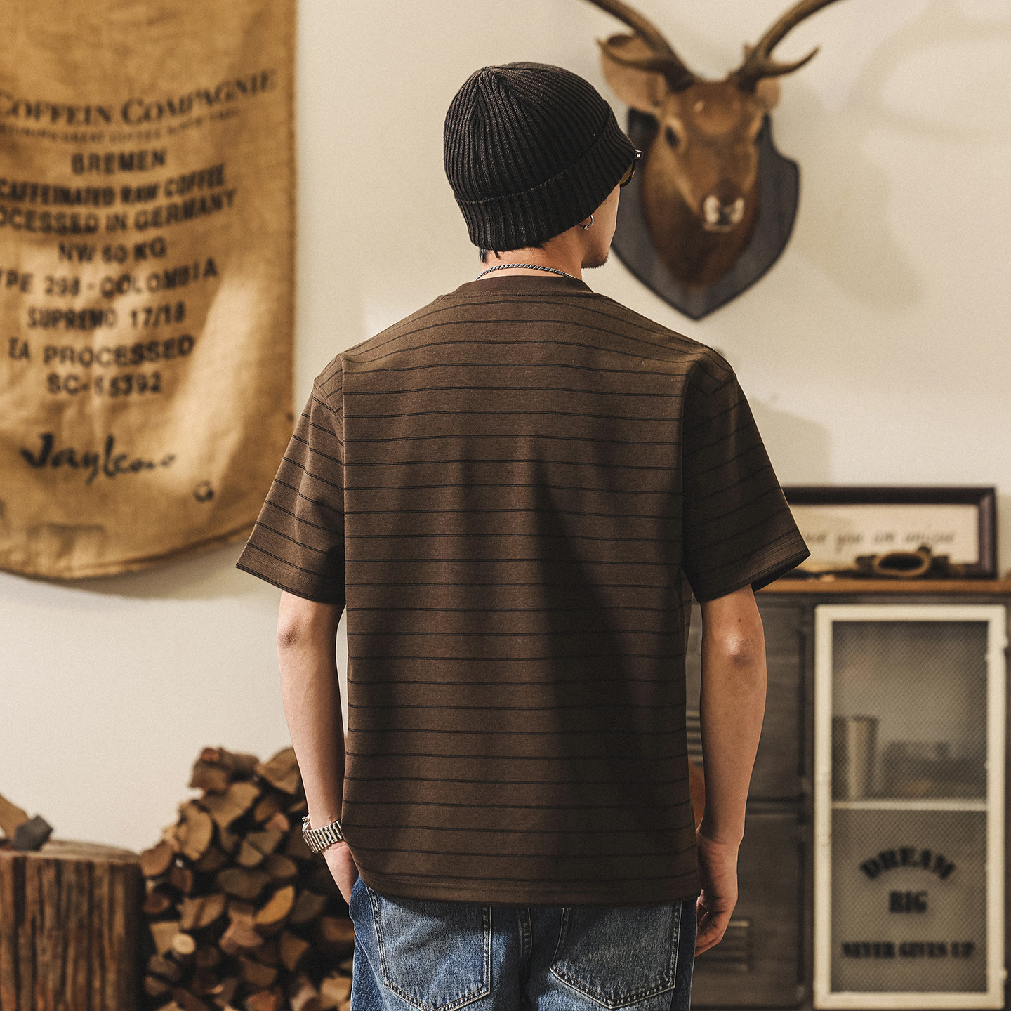 美式復古蘇陵棉短袖T恤男士夏季新款老錢風320g重磅條紋寬鬆上衣