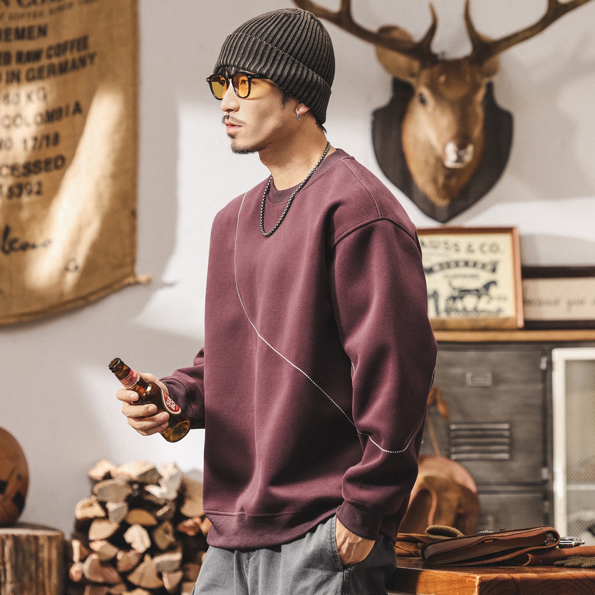 美式復古420g重磅圓領衛衣男春秋2025新款明線分割寬鬆紫色上衣男