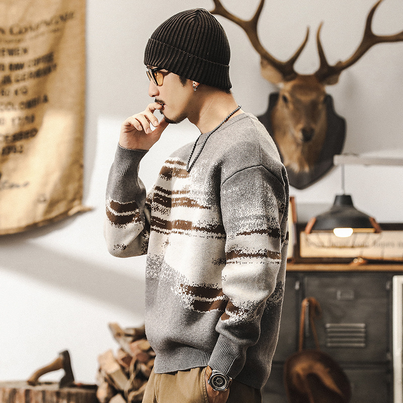 美式7針640g重磅復古毛衣男冬季圓領慵懶風針織衫男加厚線衫外套