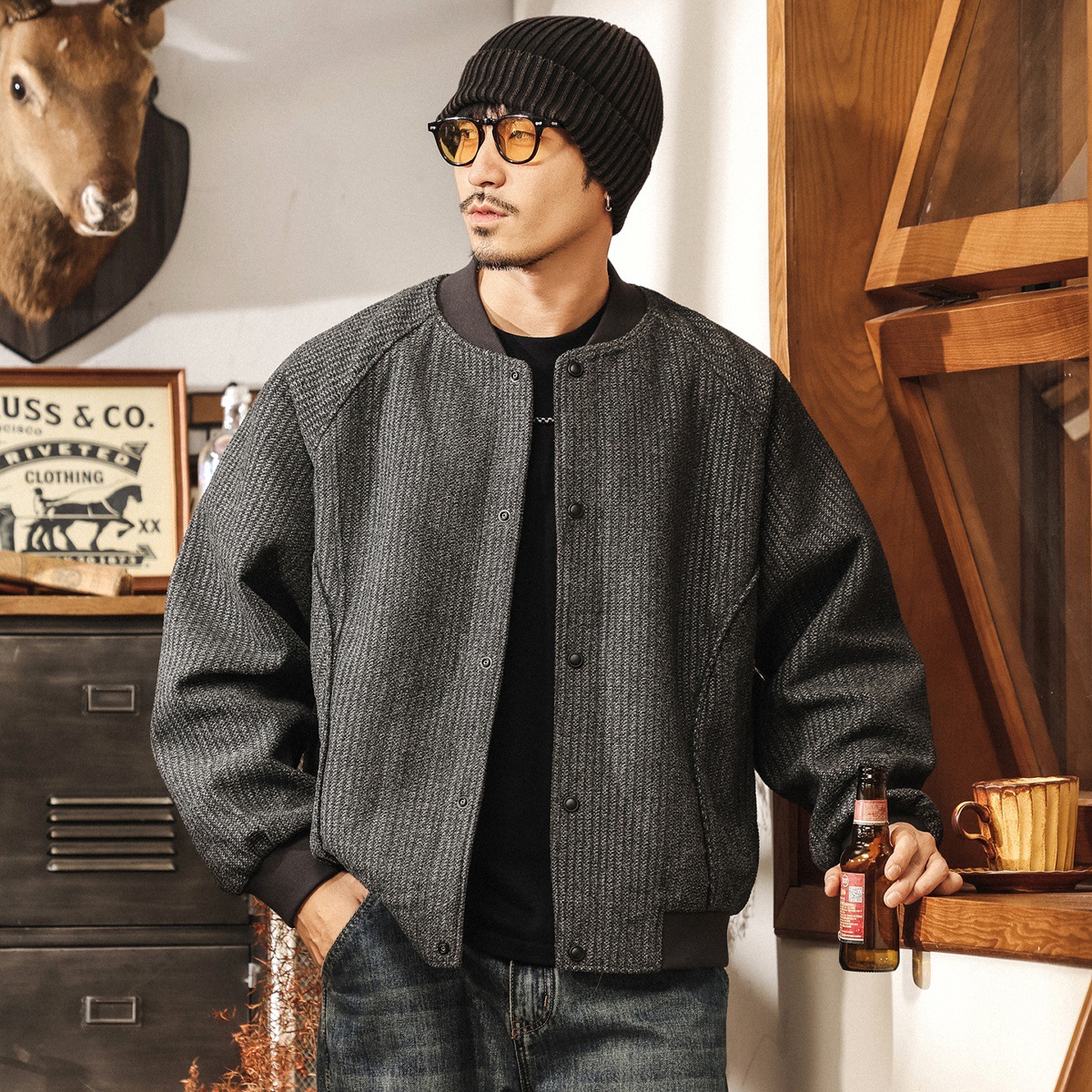 美式復古重磅棒球服外套男春秋寬鬆潮牌男士秋冬款花紗老錢風夾克