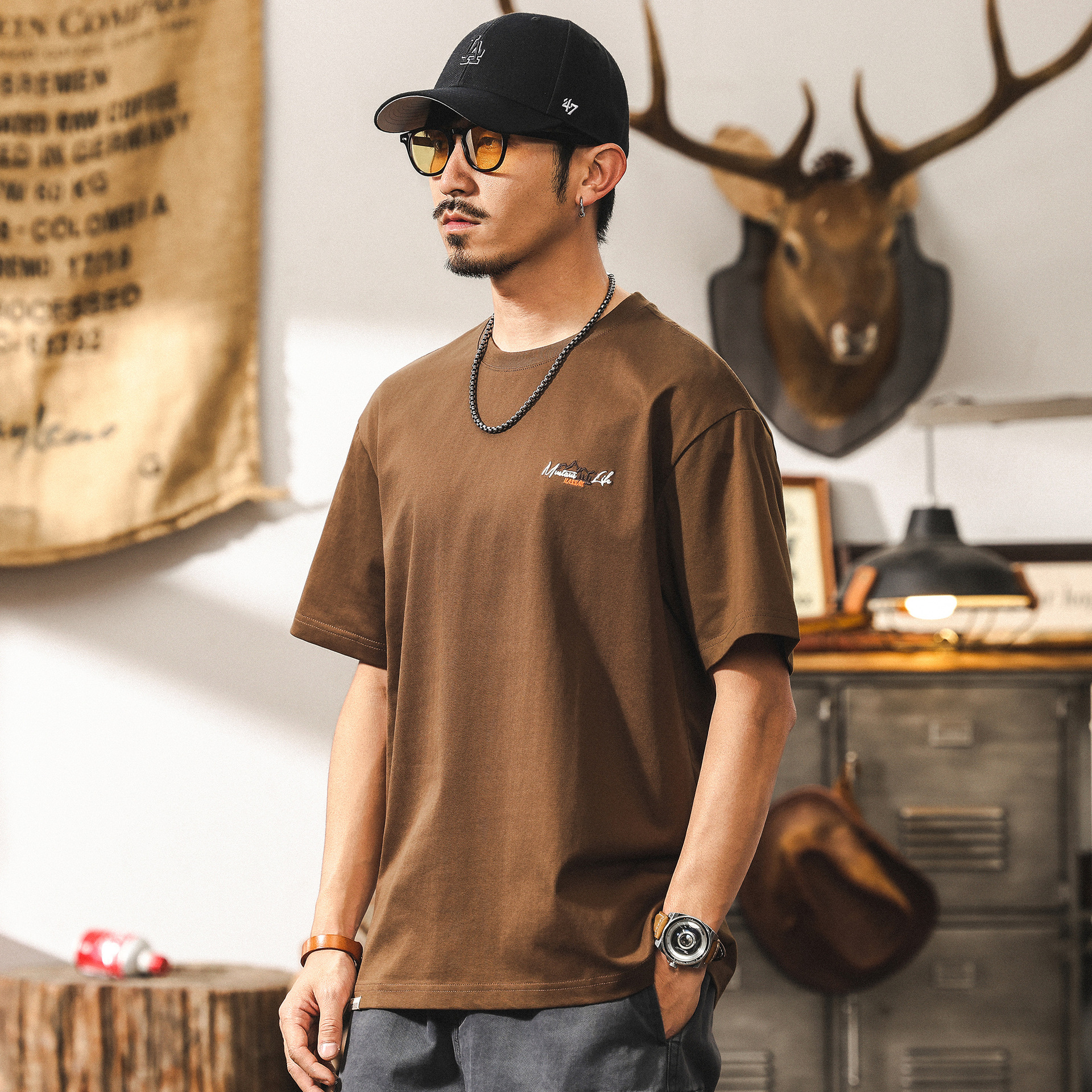 美式復古短袖男夏季新款潮牌山系刺繡男士T恤寬鬆美拉德男生上衣