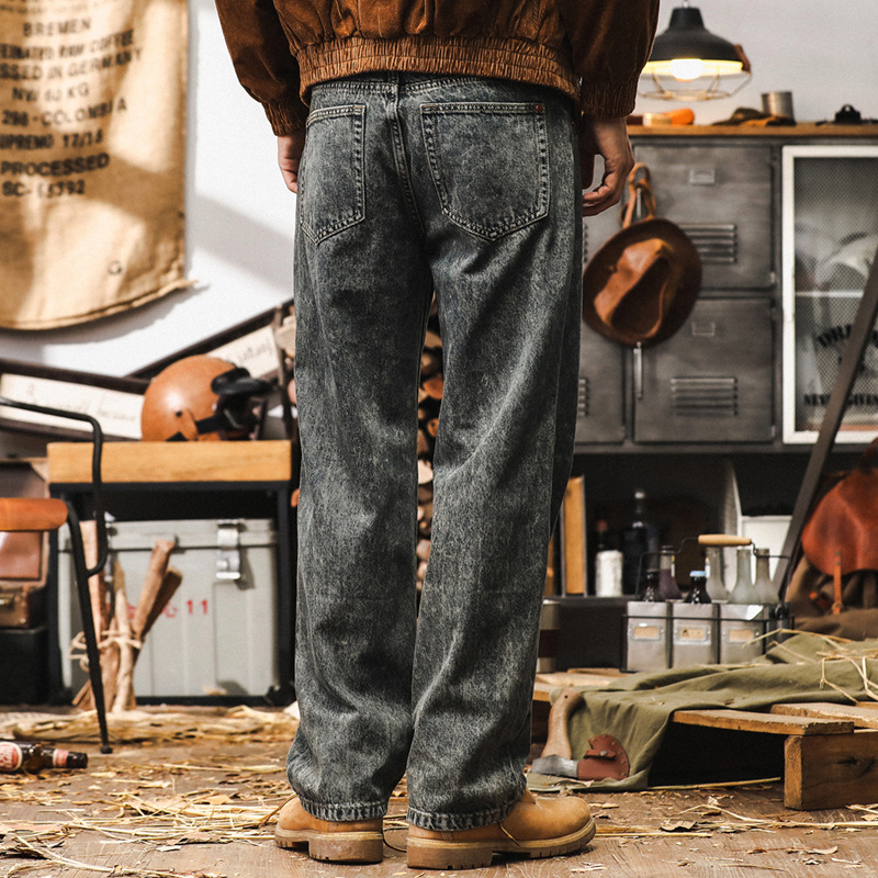 美式重磅雪花水洗復古牛仔褲男秋季休閒褲子男寬鬆潮牌闊腿直筒褲
