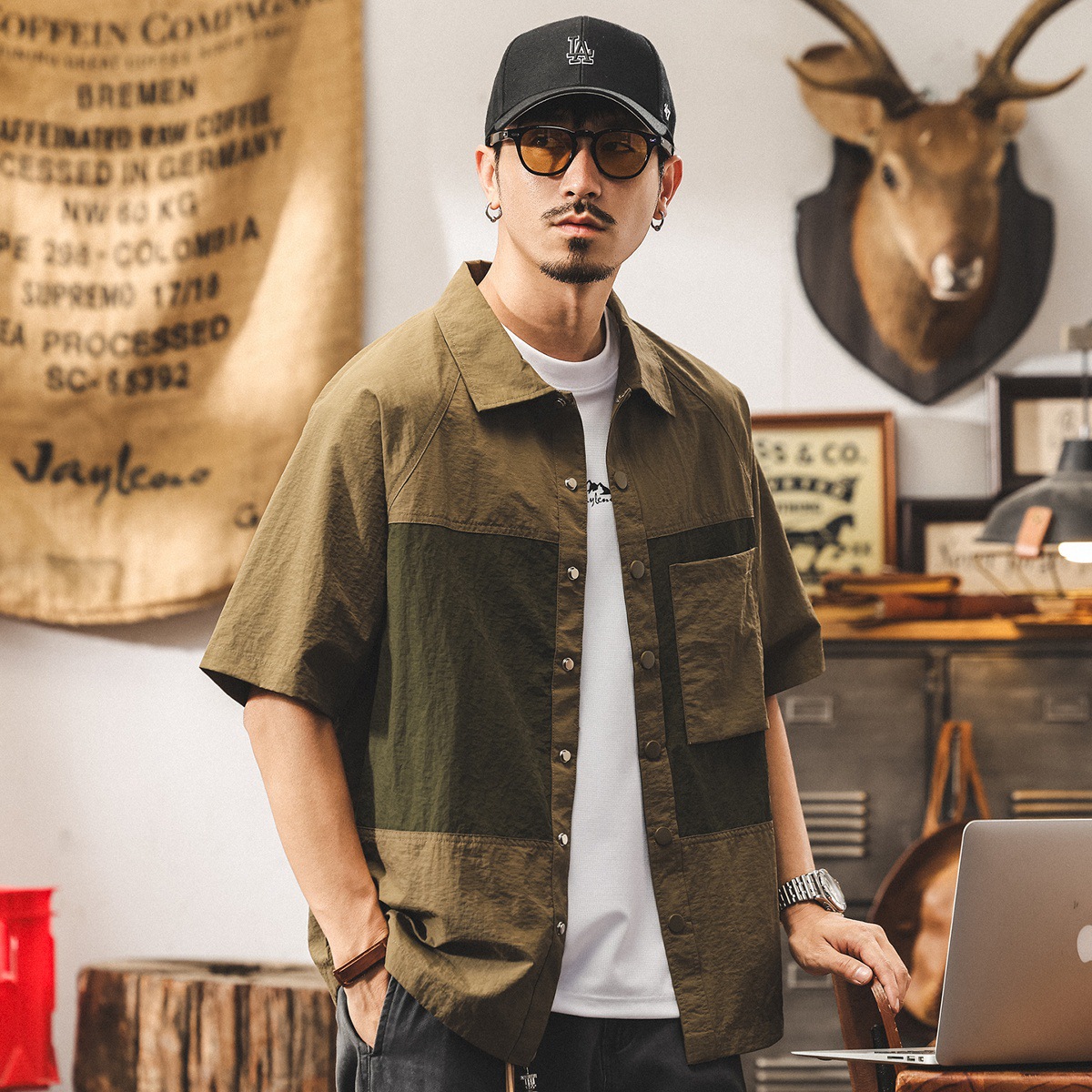 機能戶外速乾襯衫男夏季短袖2025新款潮流拼接撞色美式工裝襯衣男