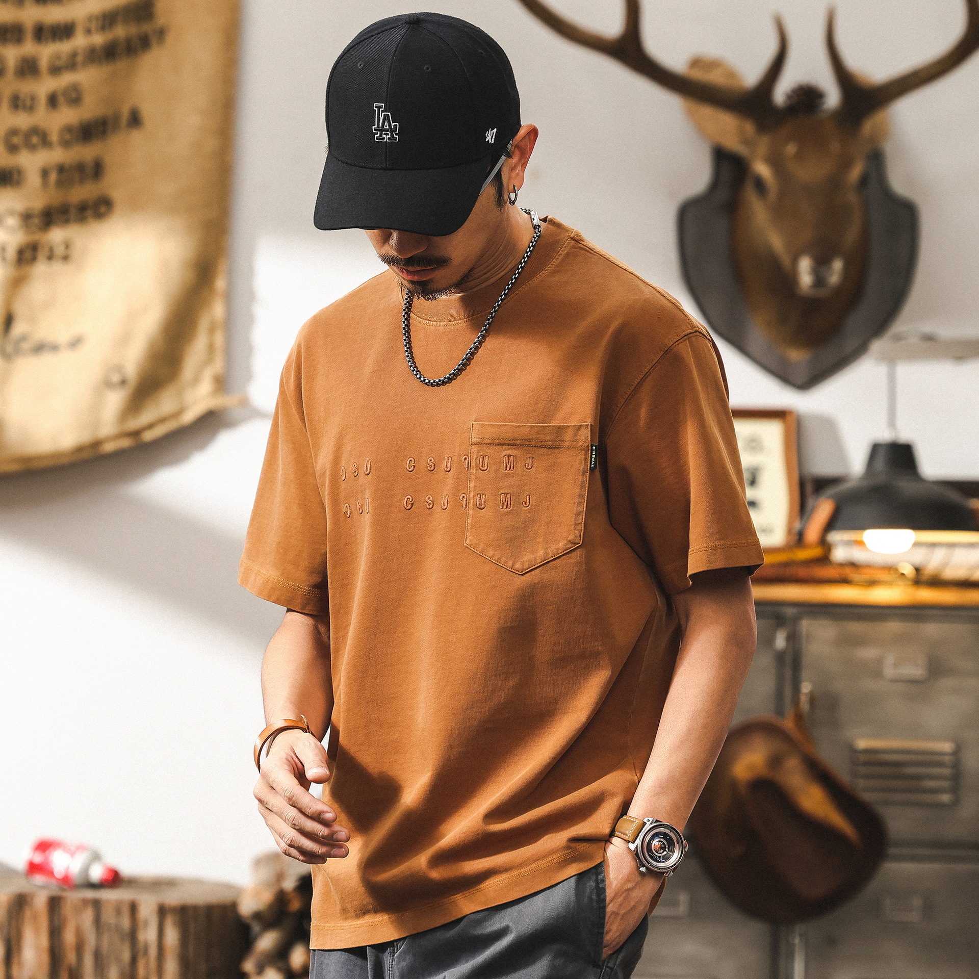 美式復古260g重磅寬鬆T恤男短袖夏季潮牌潮流立體刺繡上衣男