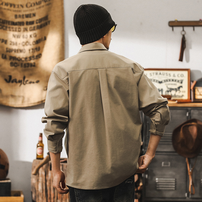美式復古工裝襯衫男長袖春秋寬鬆硬漢獵裝帥氣休閒襯衣秋季外套男