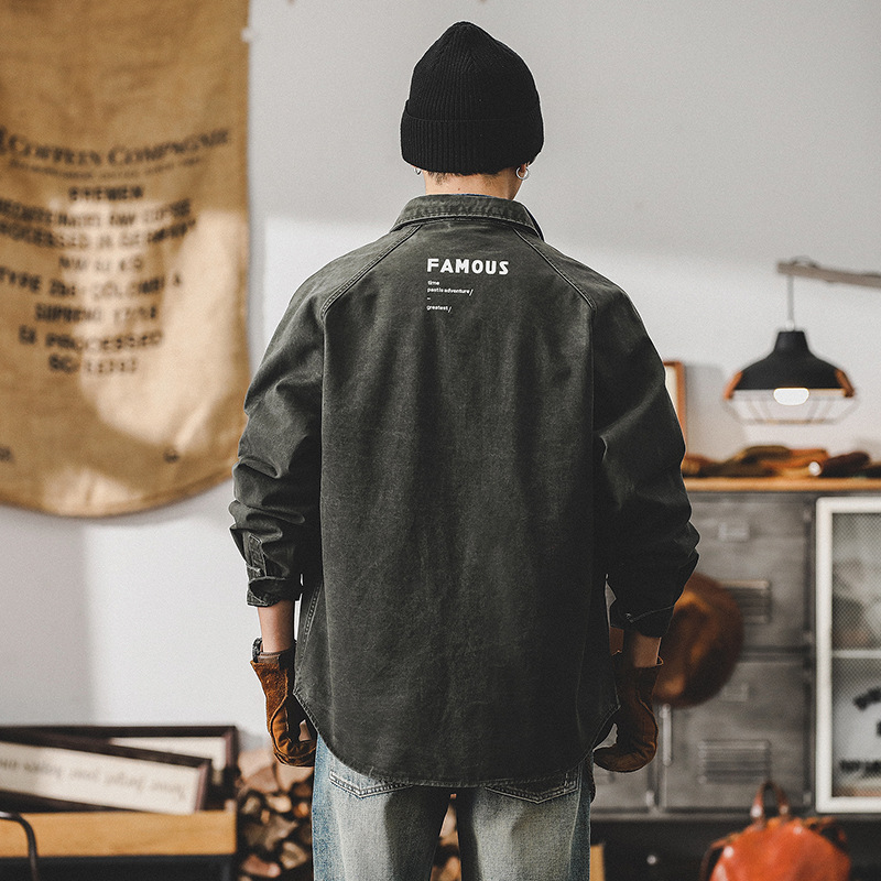 復古洗褪工裝襯衫男長袖寬鬆硬漢獵裝教練夾克外套男春季