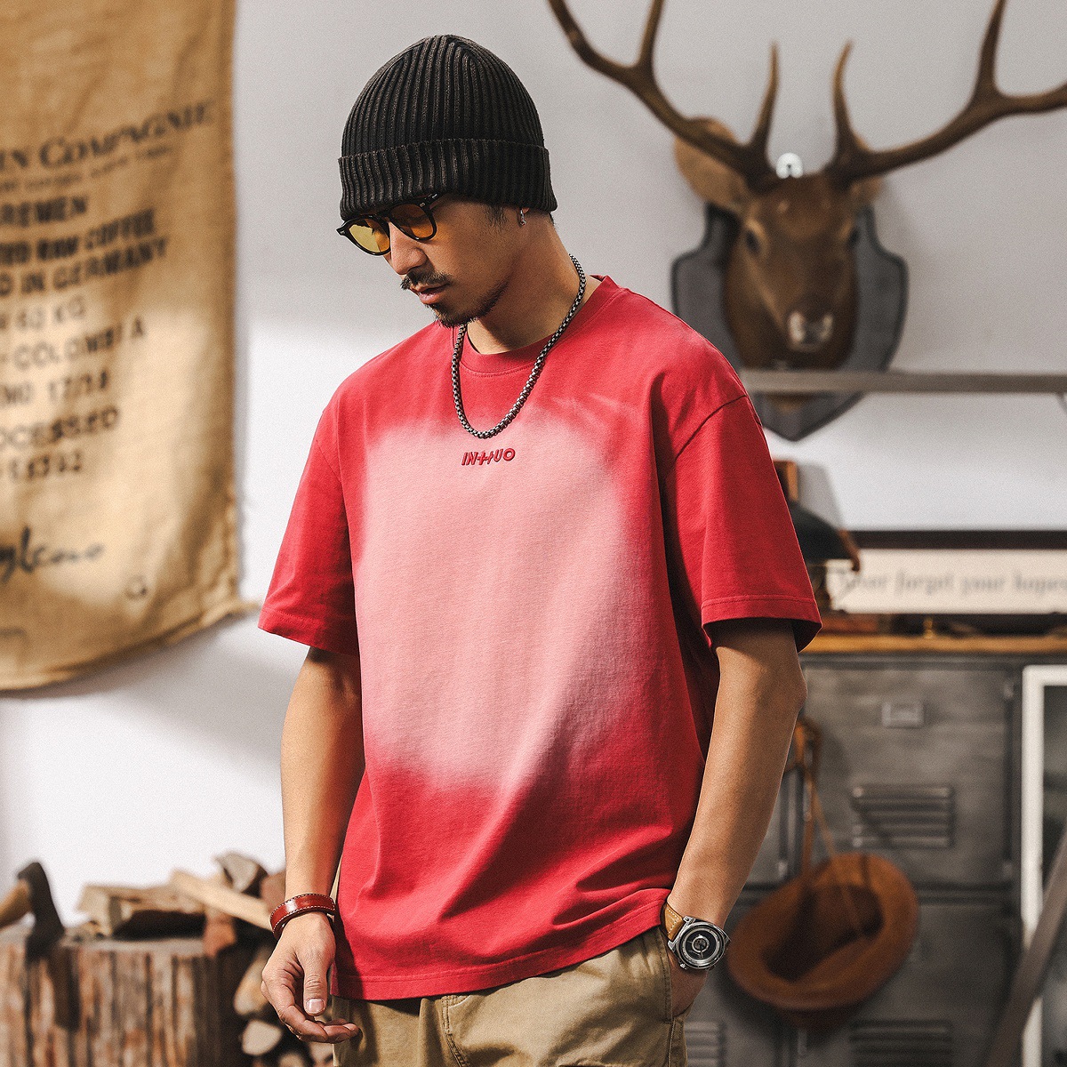 美式復古漸變水洗設計感短袖T恤男夏季時尚潮流寬鬆休閒男士上衣T