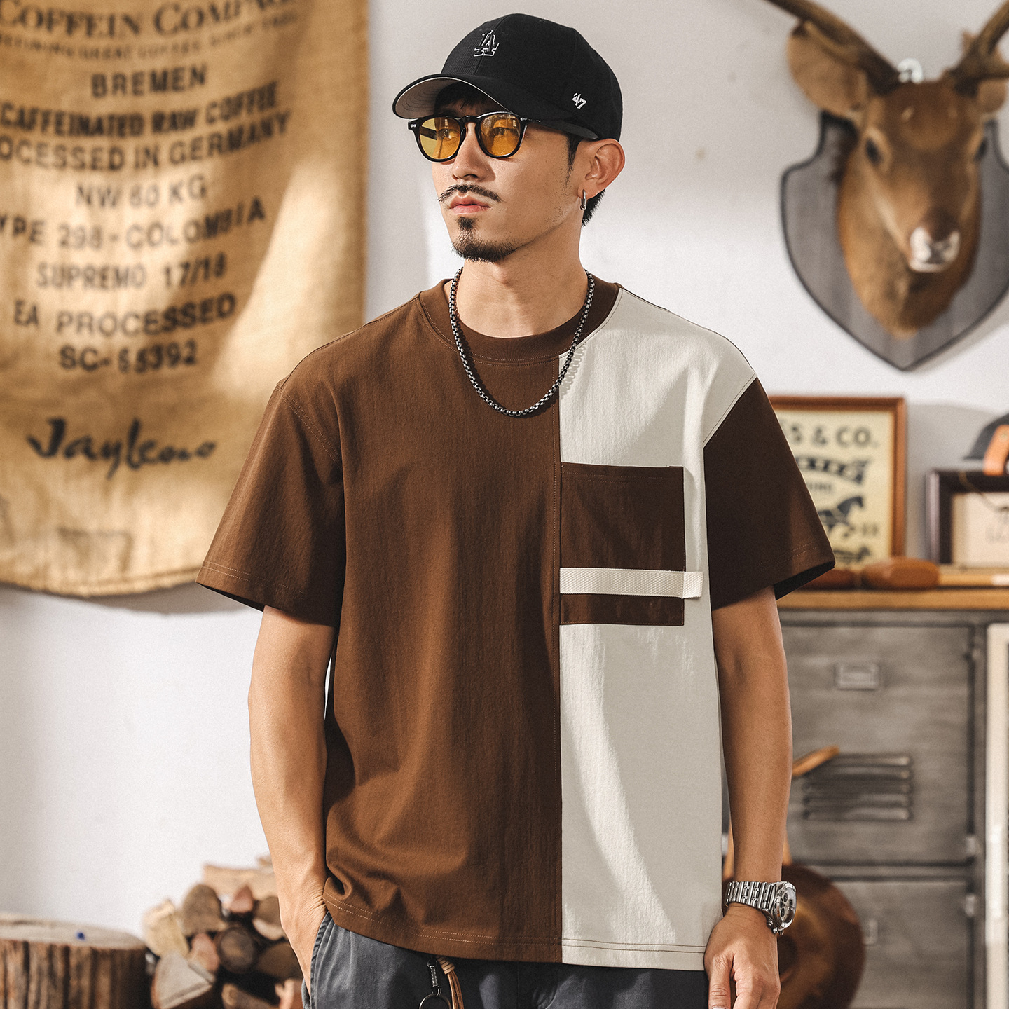 夏季新款T恤男短袖2025潮牌美式復古拼色寬鬆半袖男生體恤上衣潮T