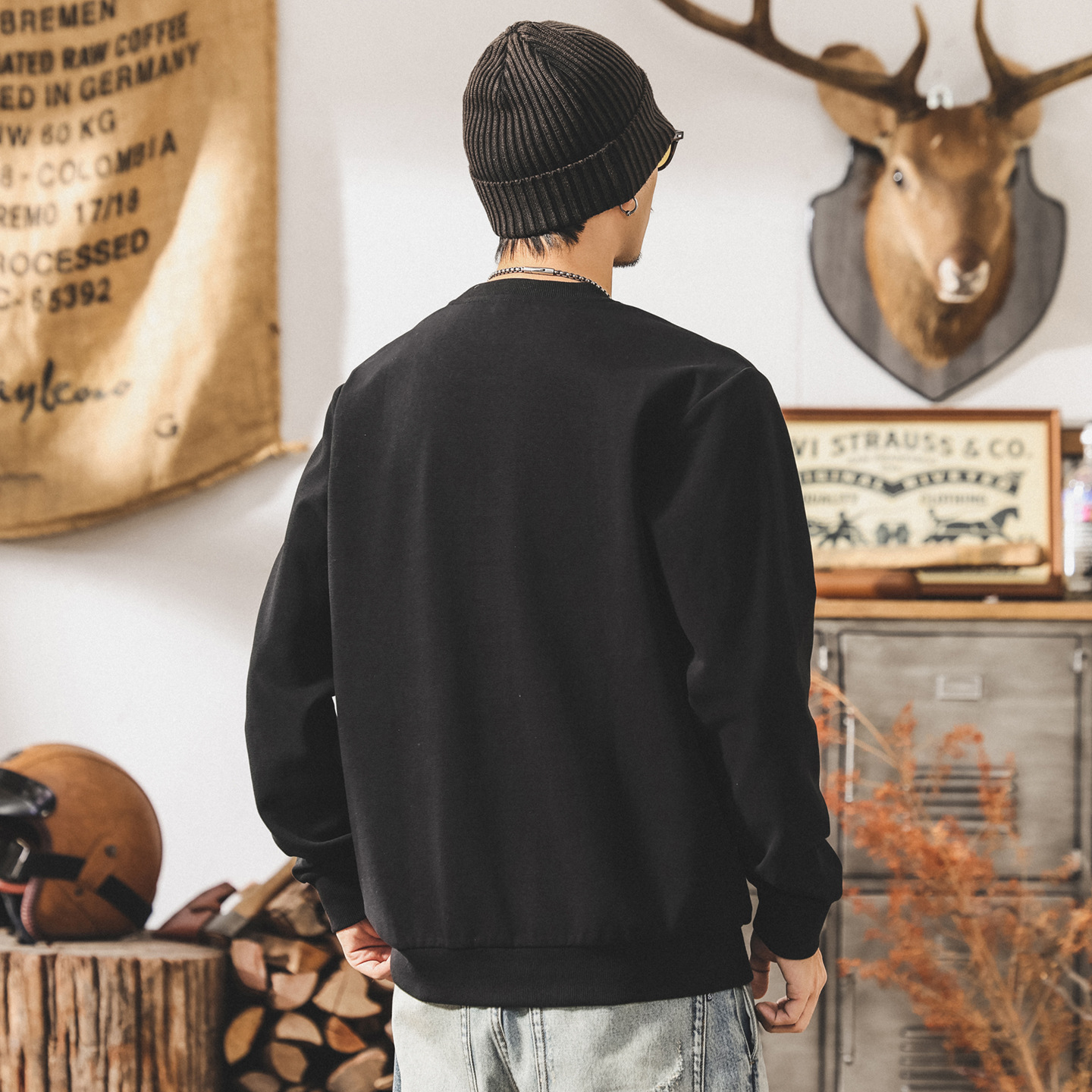 美式復古重磅衛衣男春秋2025新款潮牌寬鬆簡約大碼黑色男士上衣潮