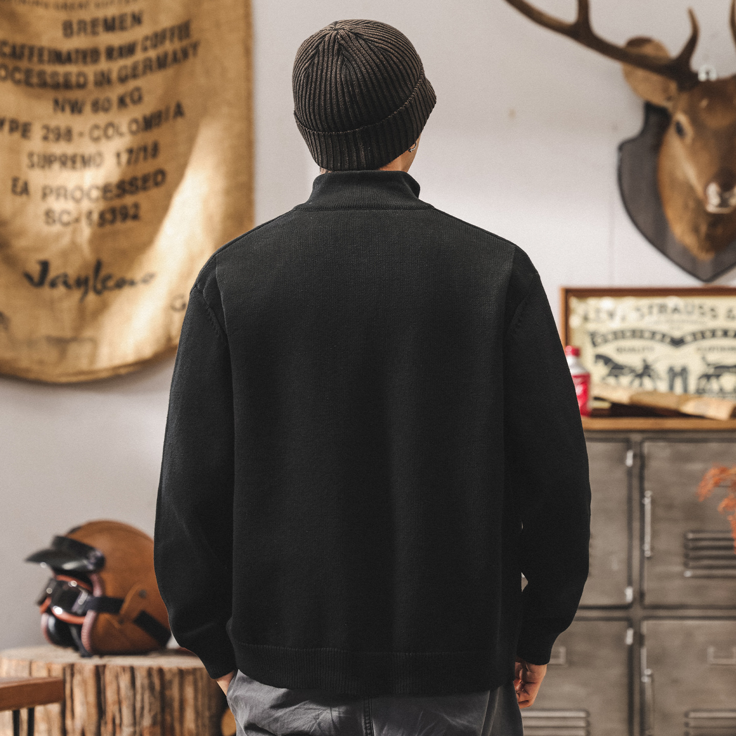 美式復古重磅半高領開衫毛衣男春秋新款立領男士針織衫外套男秋冬