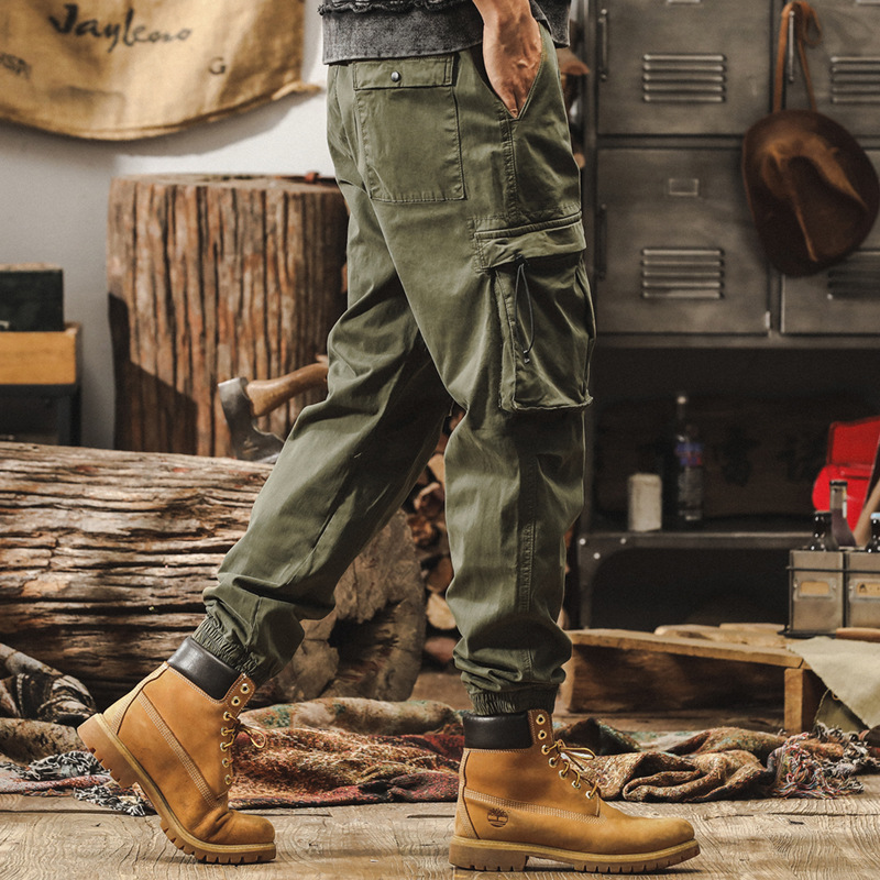 美式復古軍綠色工裝褲子男士2025新款秋季寬鬆束腳男褲潮牌休閒褲