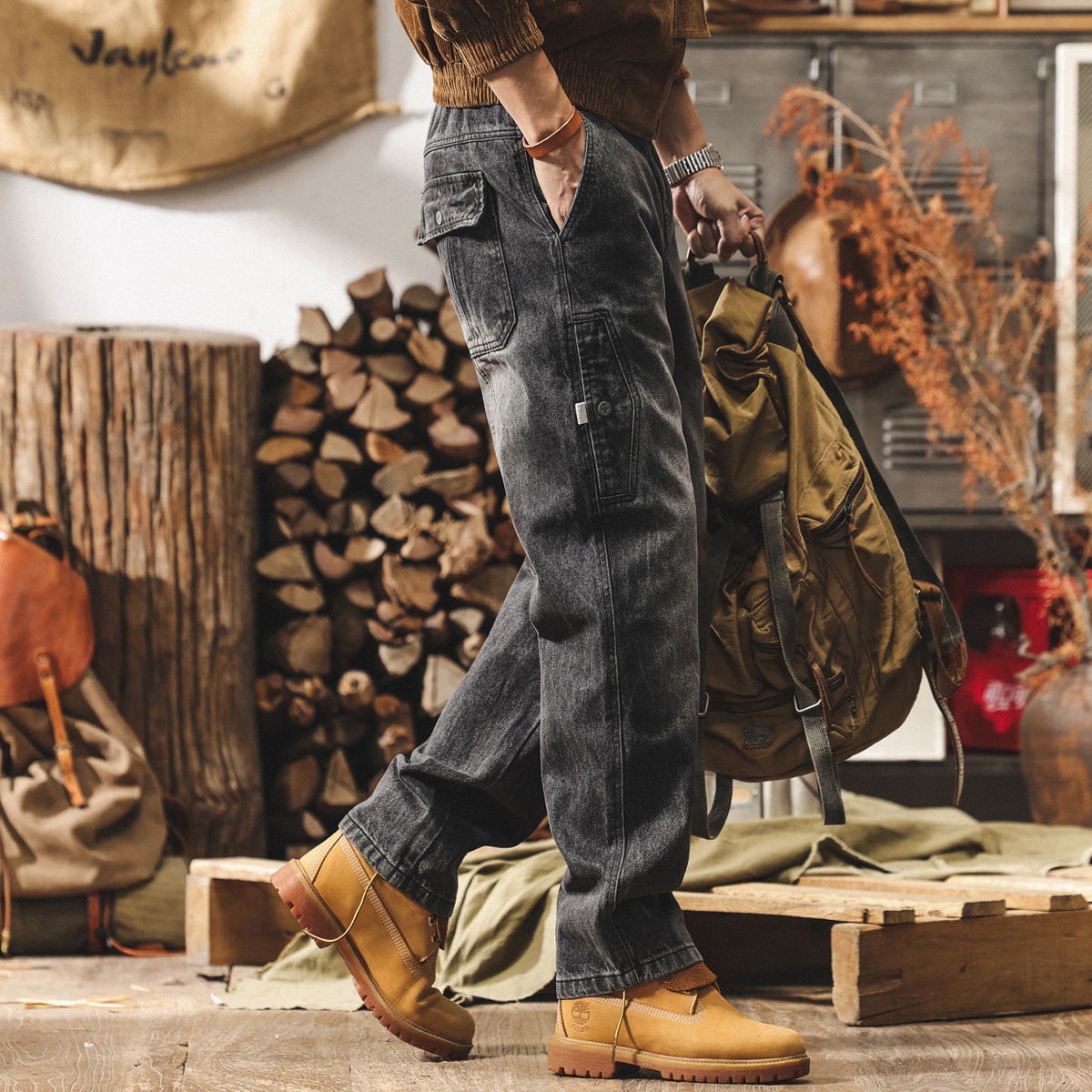 美式復古水洗工裝褲子男直筒春季新款潮牌牛仔褲男士寬鬆休閒長褲