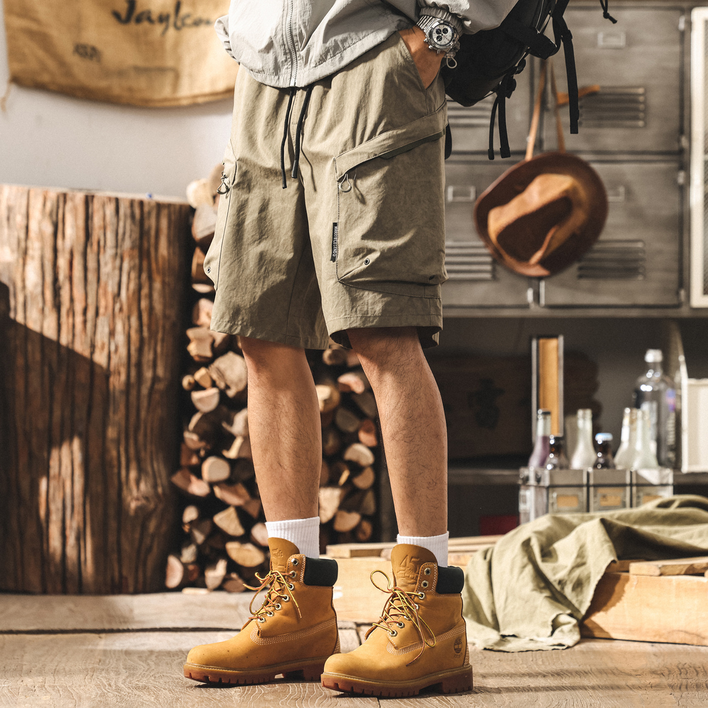 軍綠色工裝短褲男夏季新款戶外機能風美式潮牌五分褲寬鬆休閒中褲