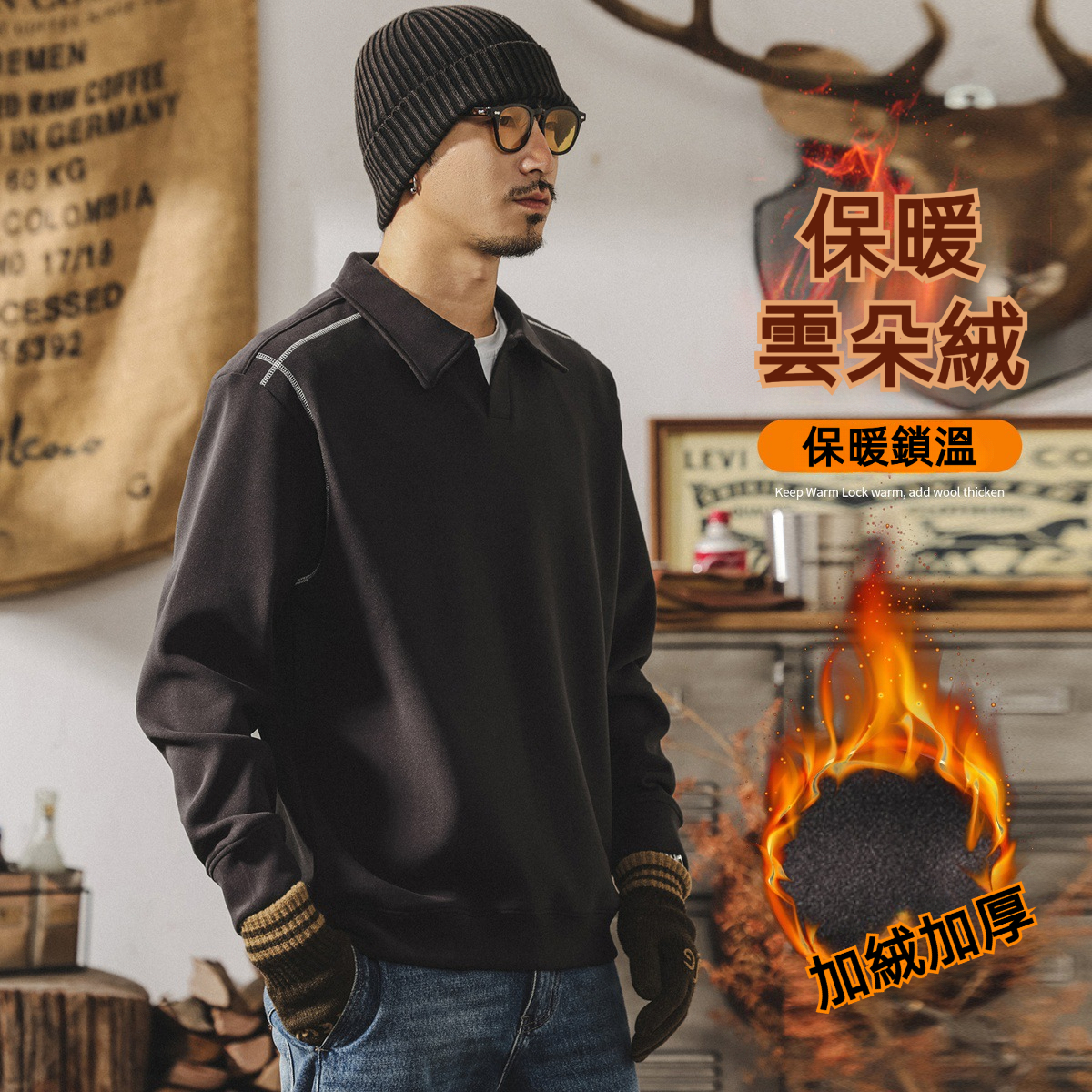 美式復古400g重磅加絨Polo衫男士衛衣冬季加厚潮流寬鬆保暖上衣男