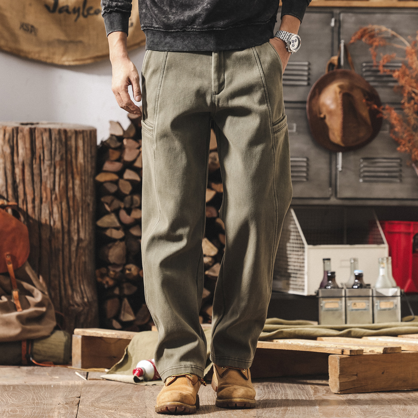 美式復古重磅工裝褲子男款加絨加厚冬季男士褲子直筒寬鬆休閒長褲