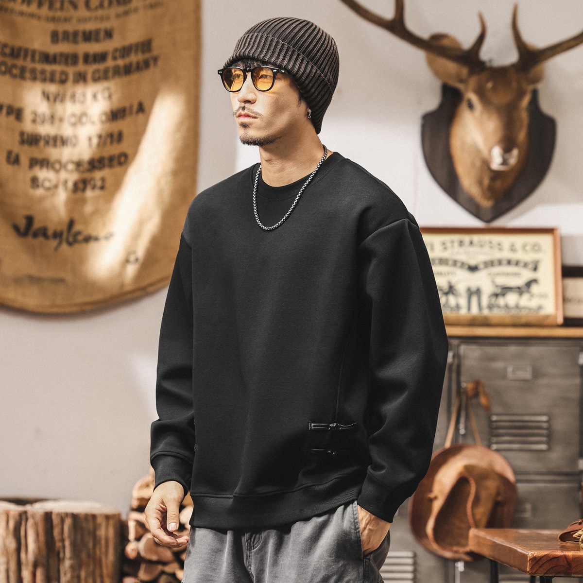 新中式復古盤扣黑色重磅衛衣男春秋2025新款潮牌寬鬆休閒男士上衣