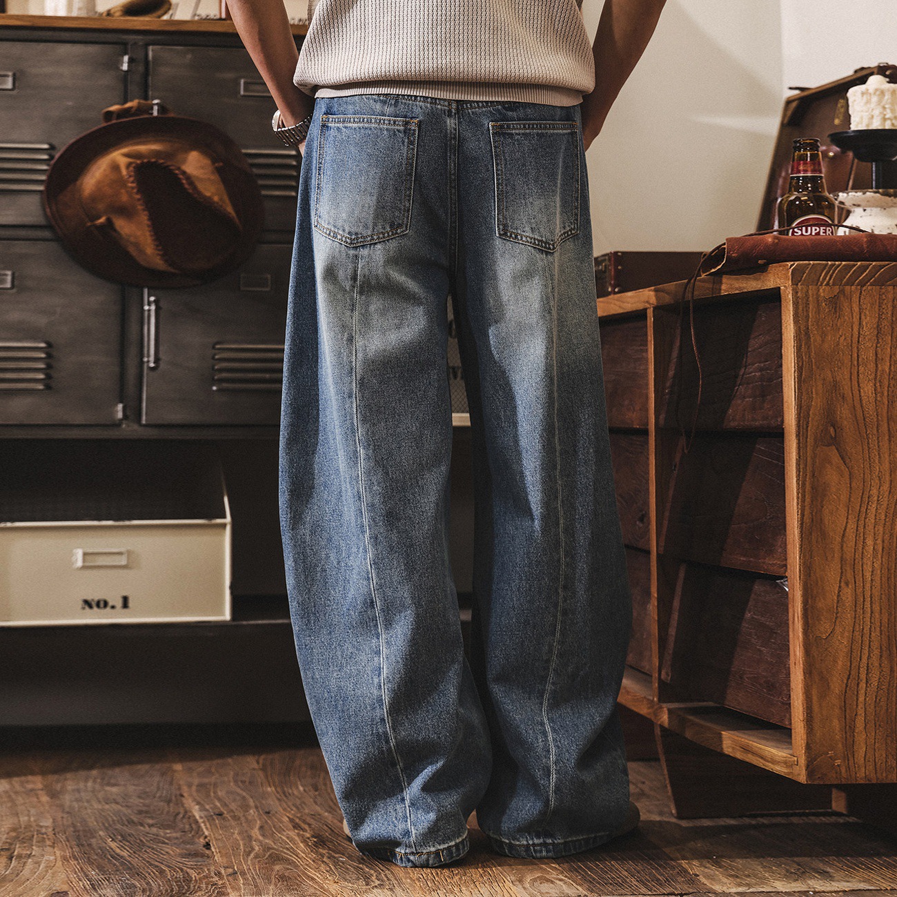 美式復古春季牛仔褲男款2026新款潮牌寬鬆闊腿彎刀褲男生休閒長褲