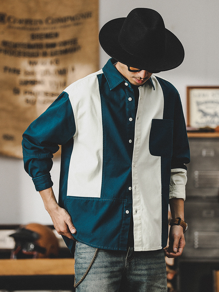 英倫風痞帥男裝復古襯衫男長袖美式潮牌撞色拼接高級感休閑襯衣男