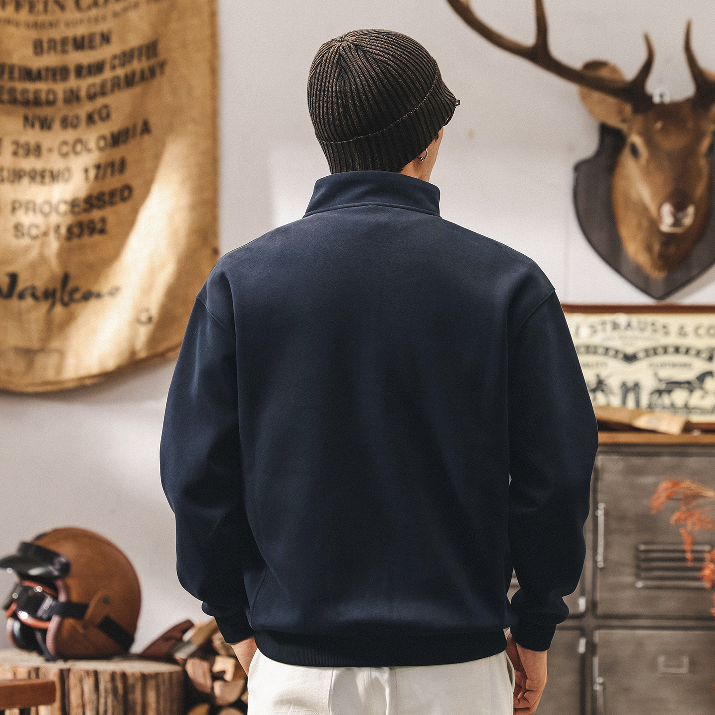 美式復古半拉鍊套頭衛衣男春秋新款立領兔兔絨潮牌寬鬆秋季上衣男