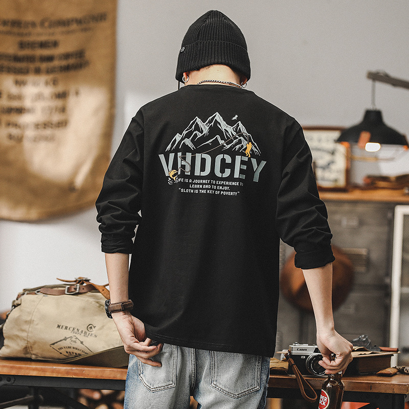 春季新款黑色長袖T恤男寬鬆潮牌男裝山系印花260g重磅上衣男