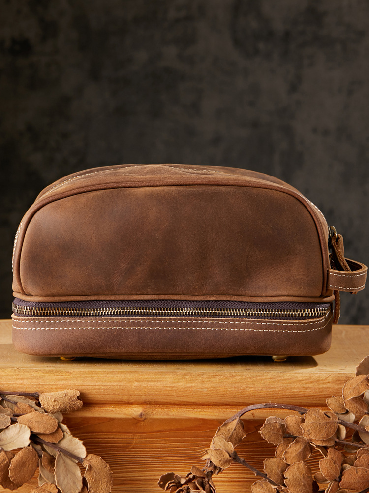 手工瘋馬皮多功能洗漱包男真皮出差旅行收納包大容量時尚化妝包女