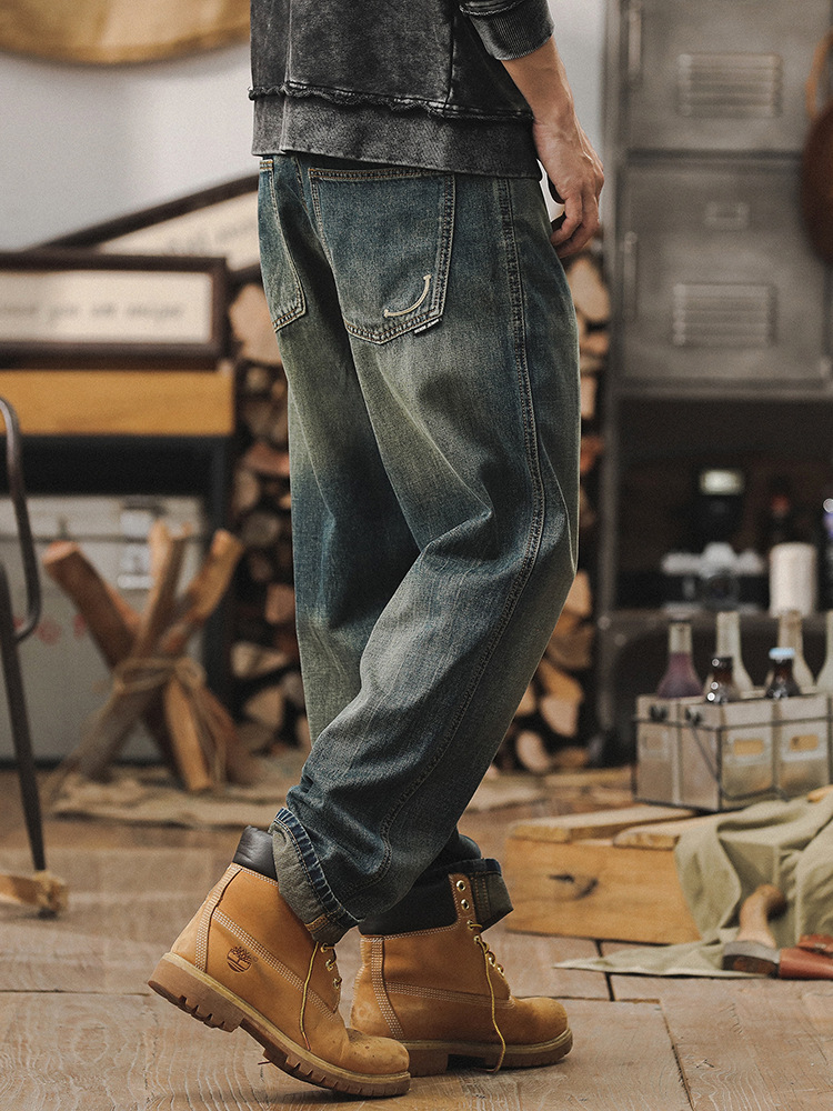杰雷諾萊賽爾牛仔褲男直筒高端潮牌寬鬆闊腿褲復古水洗男士休閒褲