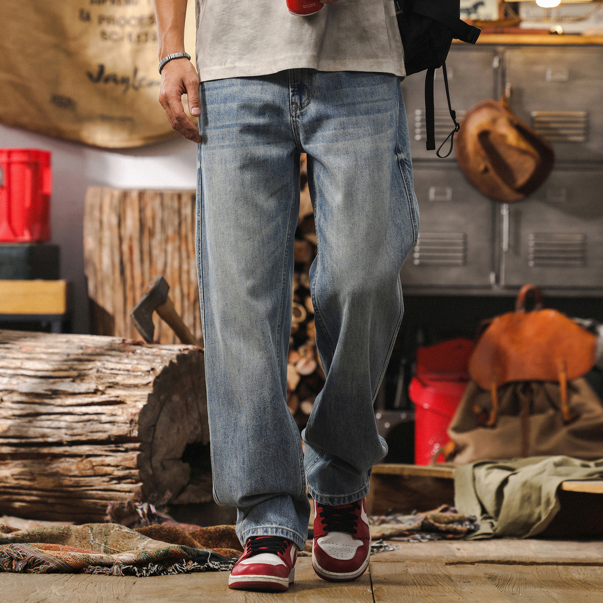 美式復古藍色水洗牛仔褲男春季2025新款潮牌寬鬆男褲子直筒休閒褲