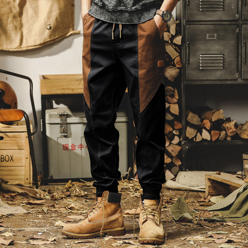 杰雷諾美式復古工裝褲子男秋冬款潮牌撞色寬鬆直筒男士束腳休閒褲