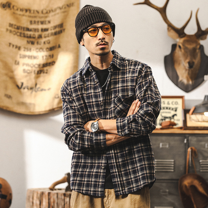 美式復古425g重磅磨毛色織格子襯衫男秋冬款潮牌寬鬆休閒襯衣男款