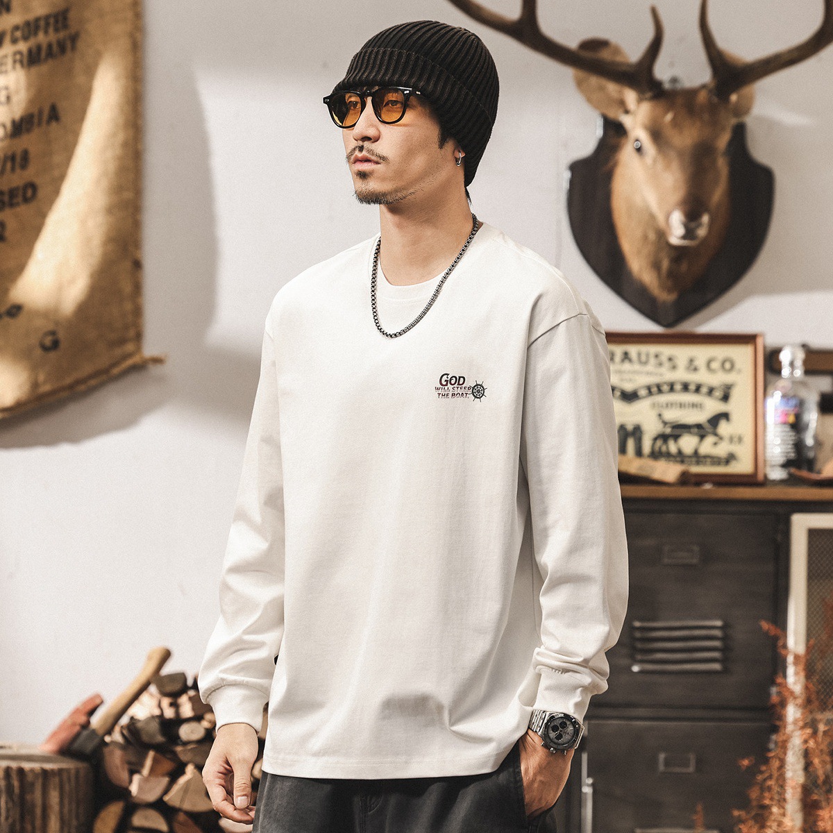 美式復古T恤男士長袖2026春季新款趣味印花潮牌寬鬆休閒上衣