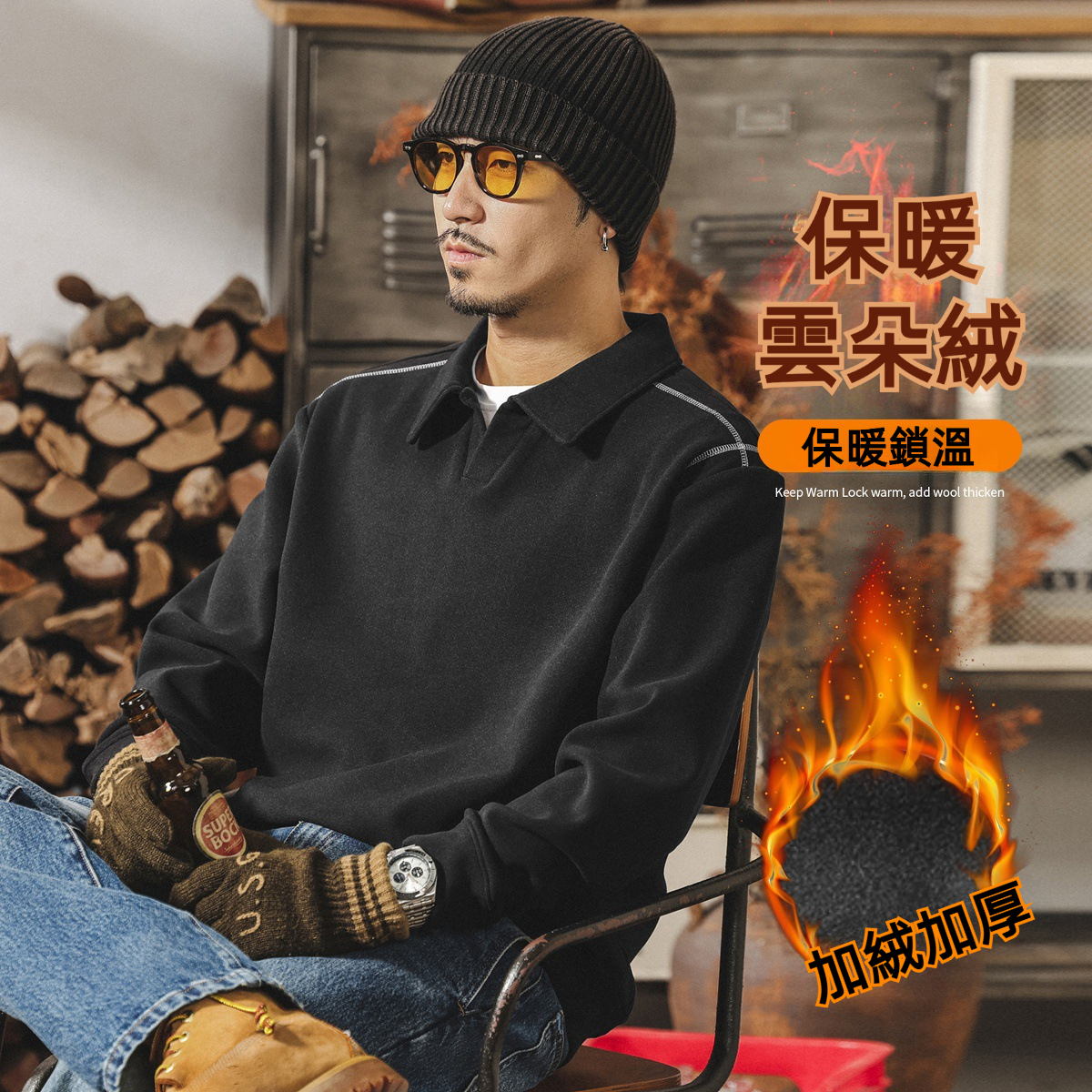 美式復古400g重磅加絨Polo衫男士衛衣冬季加厚潮流寬鬆保暖上衣男