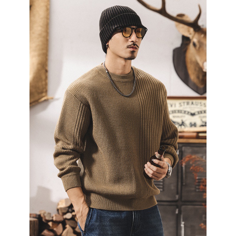 美式復古重磅圓領毛衣男春秋2025新款毛線衣寬鬆保暖針織衫上衣男