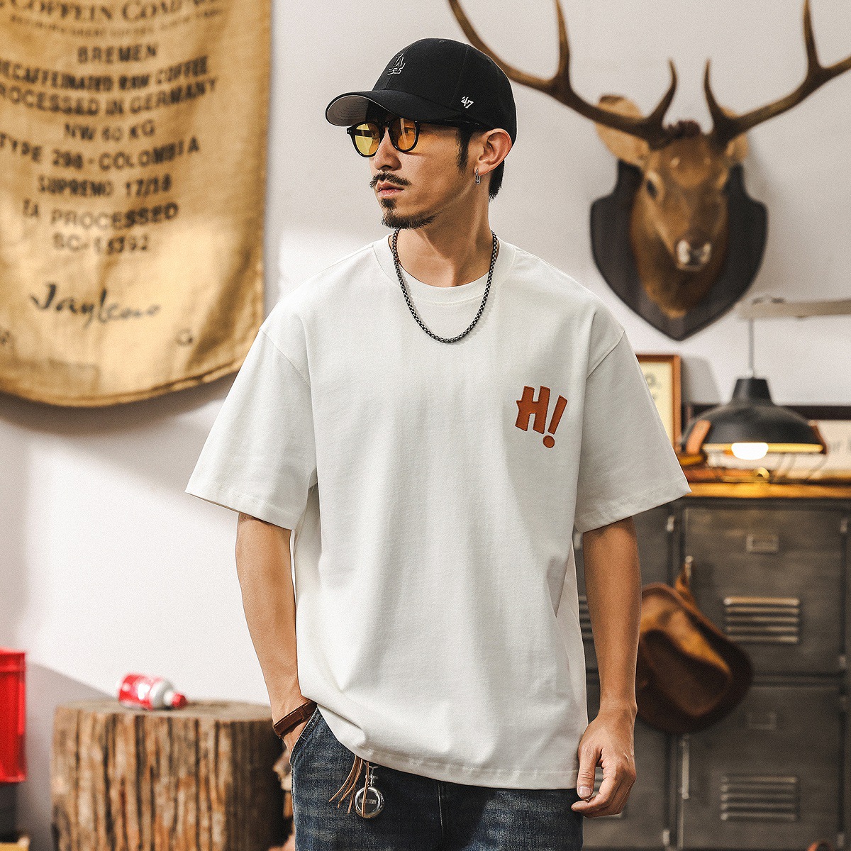 美式復古重磅白色T恤男夏季男士短袖2025新款寬鬆休閒衣服男