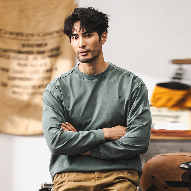 美式重磅復古水洗T恤男長袖秋季潮牌男裝2024新款寬鬆男純棉上衣T