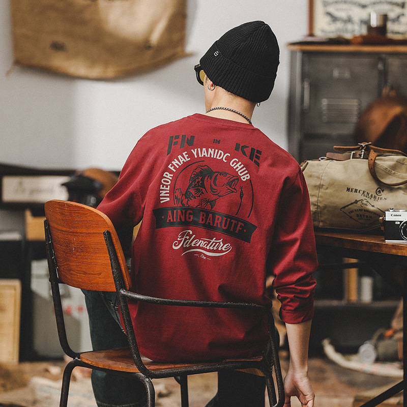 美式260g重磅長袖T恤男春季2024新款寬鬆上衣潮牌紅色衣服男