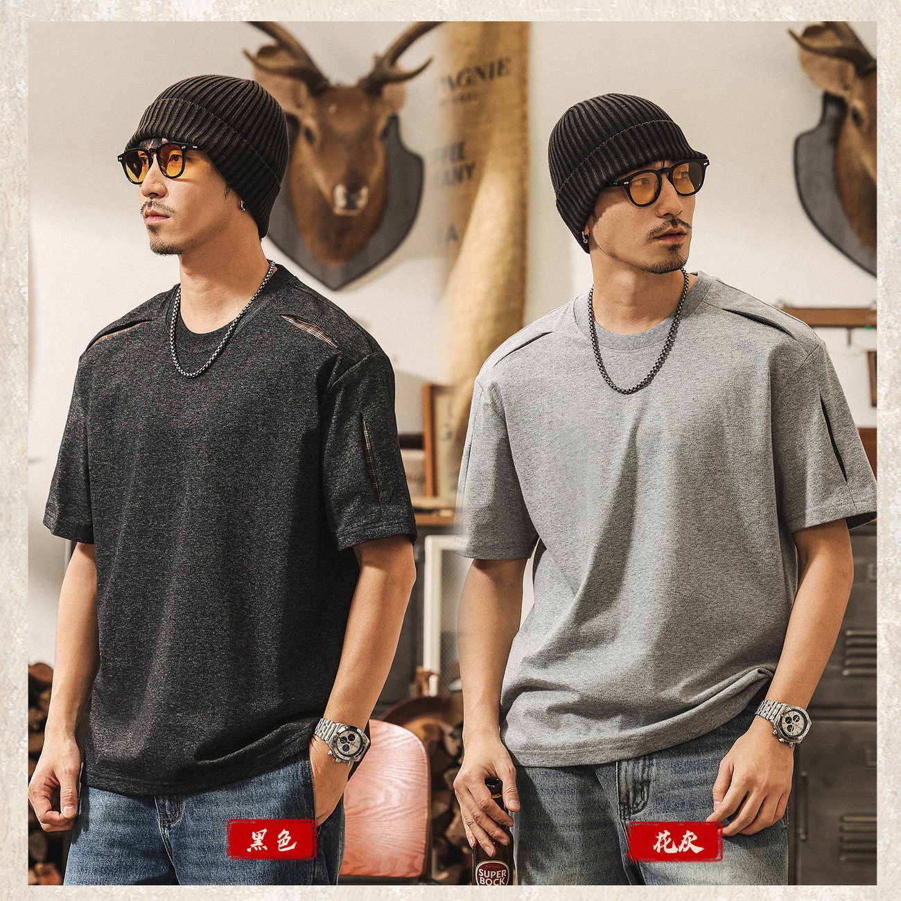 美式復古開口笑小解構男士短袖T恤夏季2026新款潮流拼接寬鬆上衣T