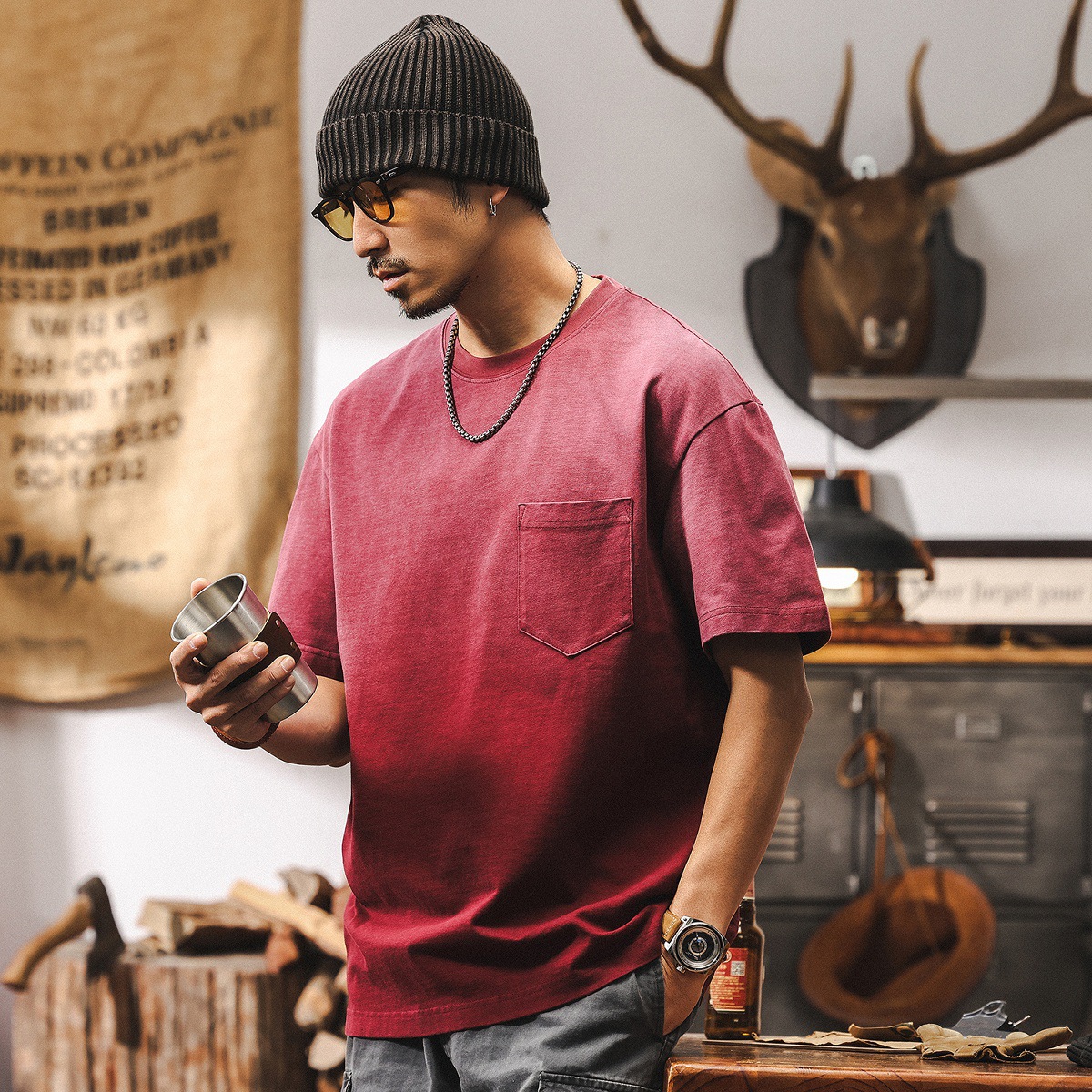 阿蘇特漸變水洗T恤夏季美式短袖潮牌寬鬆百搭紫色多巴胺上衣T男潮