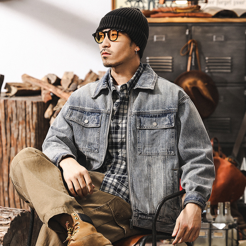 美式復古水洗竹節紋牛仔外套男春秋2025新款潮牌寬鬆痞帥工裝夾克