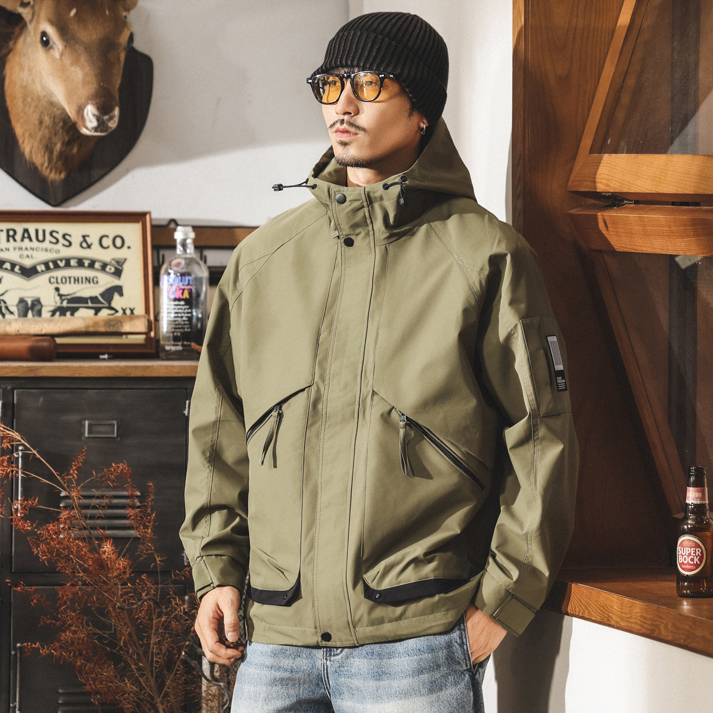 美式復古戶外三防工裝連帽外套男春秋新款山系機能通勤寬鬆夾克男