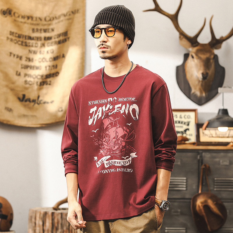 美式復古260g重磅長袖T恤男秋季潮流印花體恤男士酒紅色上衣