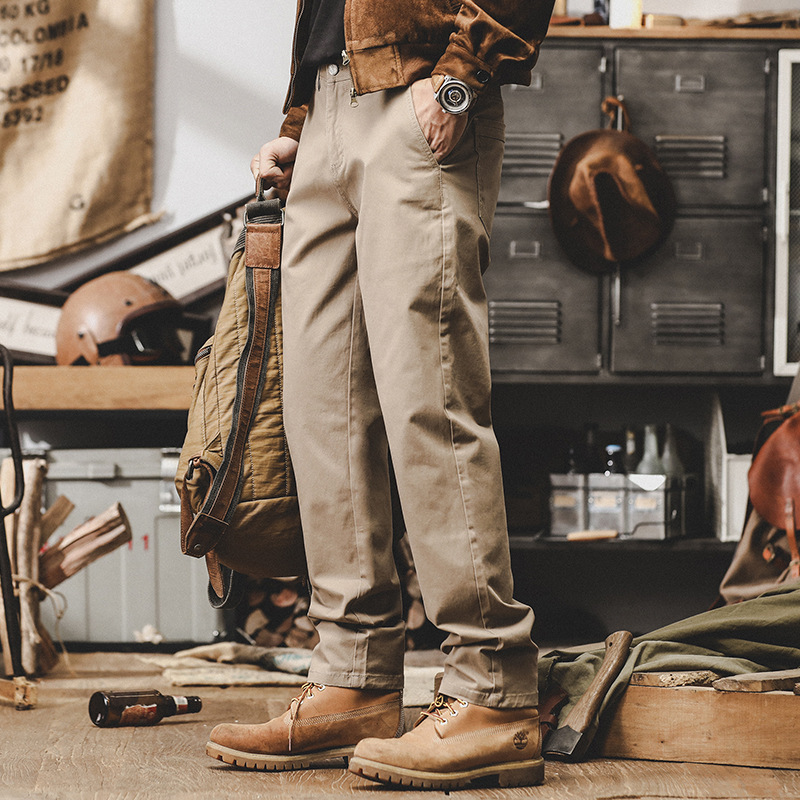 美式復古卡其色褲子男秋季潮牌直筒褲2024新款簡約百搭休閒長褲男