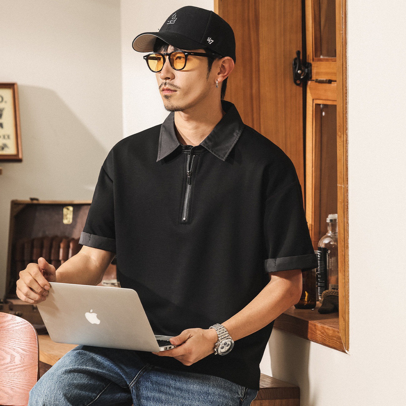 莫代爾涼感糯滑果凍棉T恤男夏季短袖男款寬鬆大碼美式潮牌上衣男